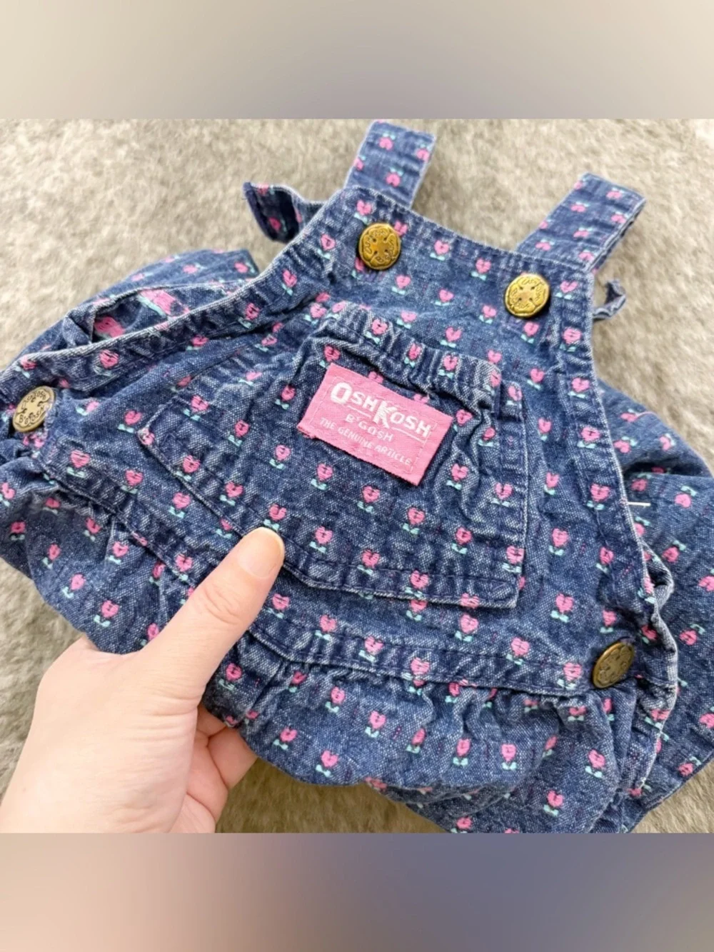 Vintage Union Made OshKosh B'gosh Pink Floral Blue Denim Overalls 12M
